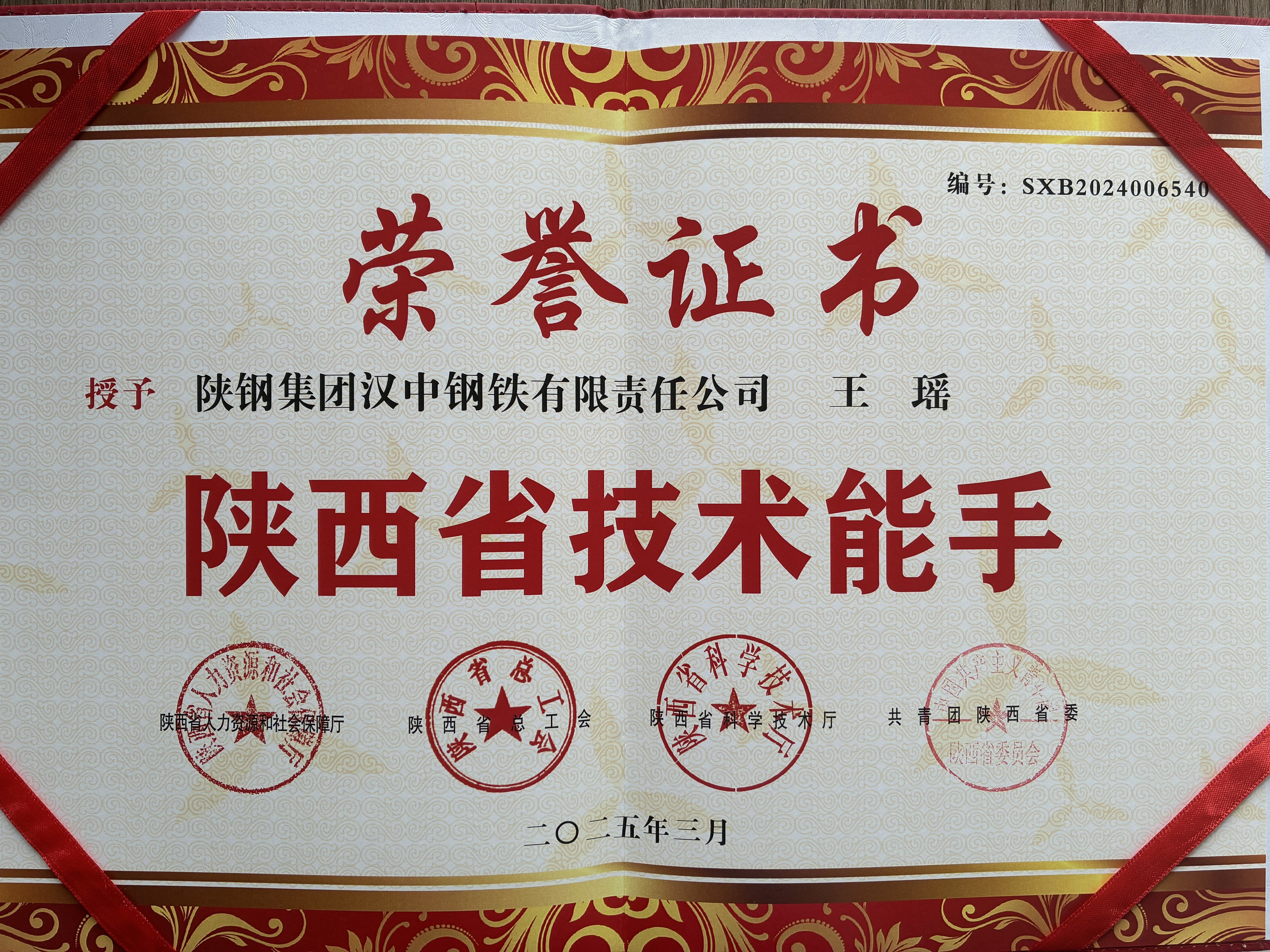 匠心鑄尖兵，培育夯實根基--漢鋼公司王瑤同志榮獲“陜西省技術能手”稱號