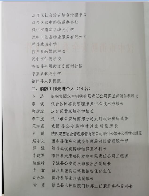 卜濤獲得漢中市消防工作先進個人 榮譽稱號 卜濤獲得漢中市消防工作先進個人 榮譽稱號